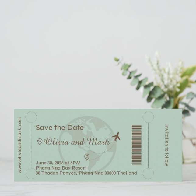 Convite Passagem de Embarque Save the Date – Sage & Beige (Em pé/Frente)