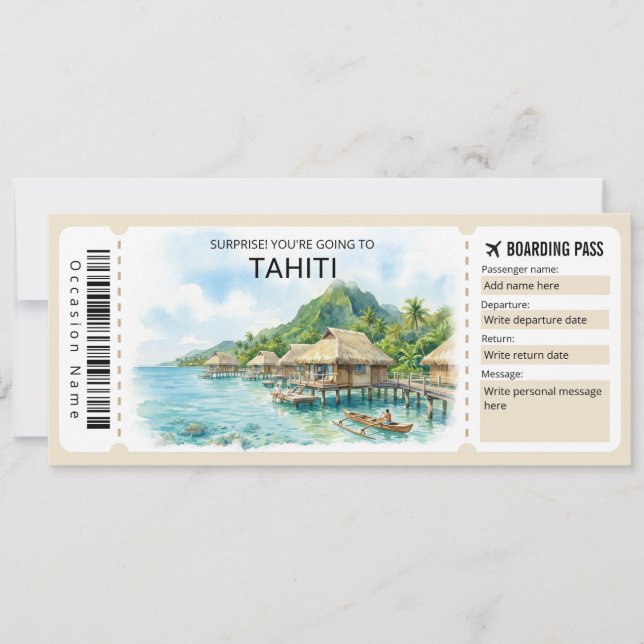Convite Passagem de Embarque Tahiti Trip Boarding Pass Tic (Frente)