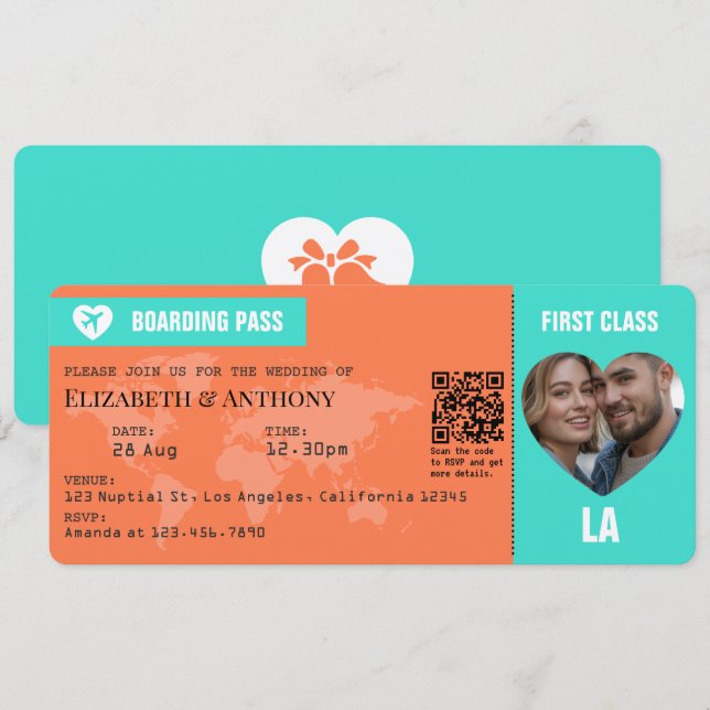 Convite Passagem de Embarque Turquesa e Coral Casamento (Frente/Verso)