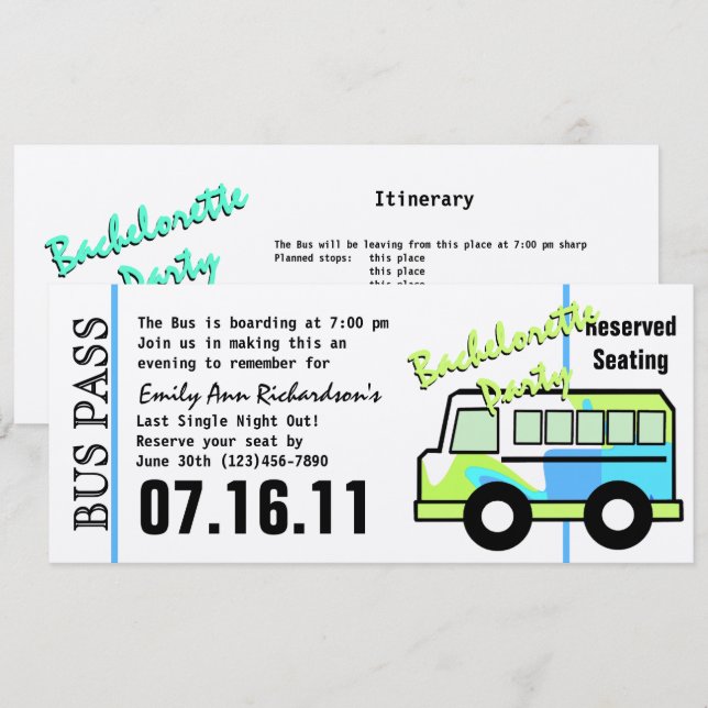Convite Passagem de Ônibus para Festa de Solteira (Frente/Verso)