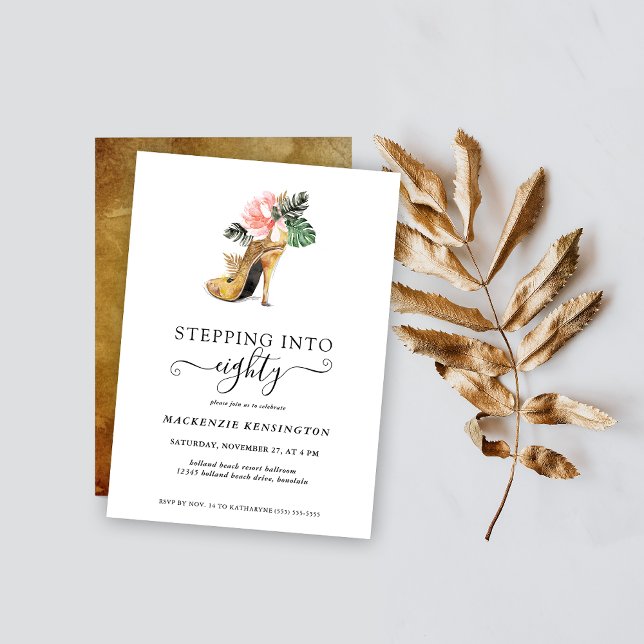 Convite Passando Para 80 Chic Floral Dourado Heels Anivers (Criador carregado)