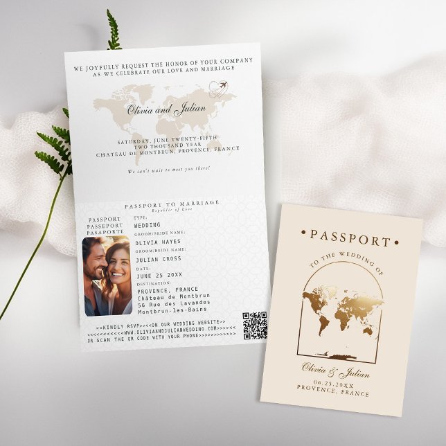 Convite Passaporte Boho Arco Bege Creme Casamento dos Sonh (passport wedding invitation card destination getaway beige ecru faux gold map boho arch monograms)