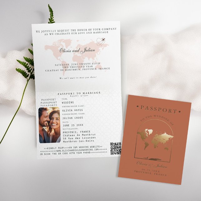 Convite Passaporte Boho Arco Terracota Casamento de Destin (passport wedding invitation card destination getaway terracotta faux gold map boho arch monograms)