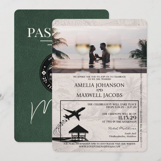 Convite Passaporte Casamento Maldivas Verde (Frente/Verso)