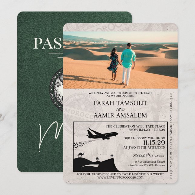 Convite Passaporte Casamento Marrocos Verde (Frente/Verso)