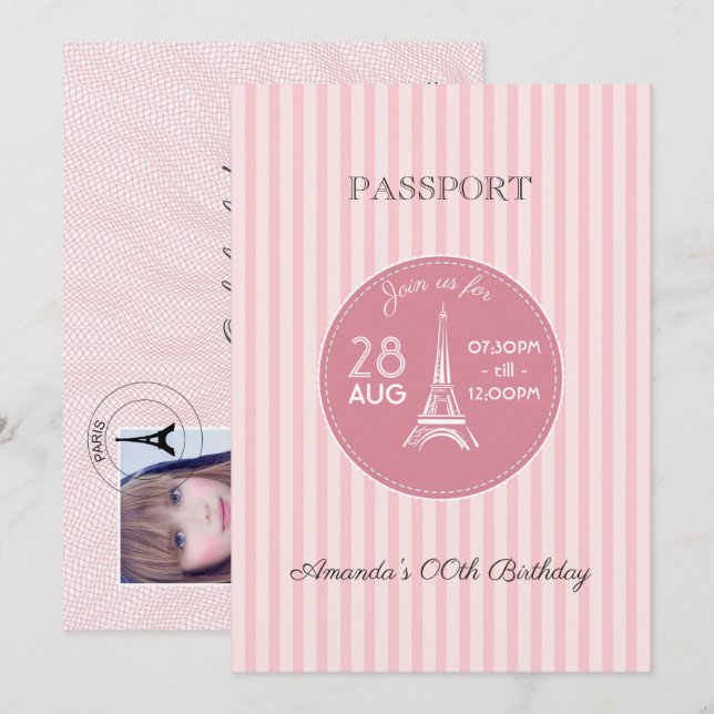Convite Passaporte de Aniversário com Tema Paris Rosa Adic (Frente/Verso)
