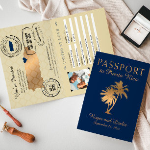 Convite Passaporte de Casamento Azul Falso Dourado Folhead