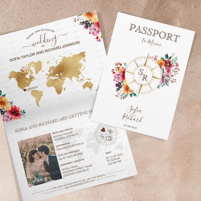 Convite Passaporte de Casamento de Destino Floral de Verão (passport wedding invitation with compass and flowers)