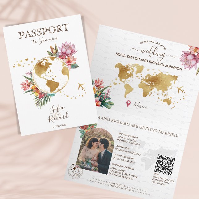 Convite Passaporte de Casamento de Destino Tropical de Pra (gold world map and tropical flowers passport wedding invitation)