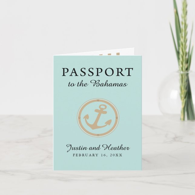 Convite Passaporte de Casamento Mint Dourado Bahamas (Frente)