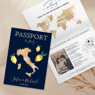 Convite Passaporte de Destino de Casamento Dourado Capri I