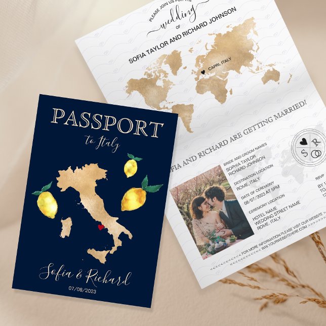 Convite Passaporte de Destino de Casamento Dourado na Ilha (Criador carregado)