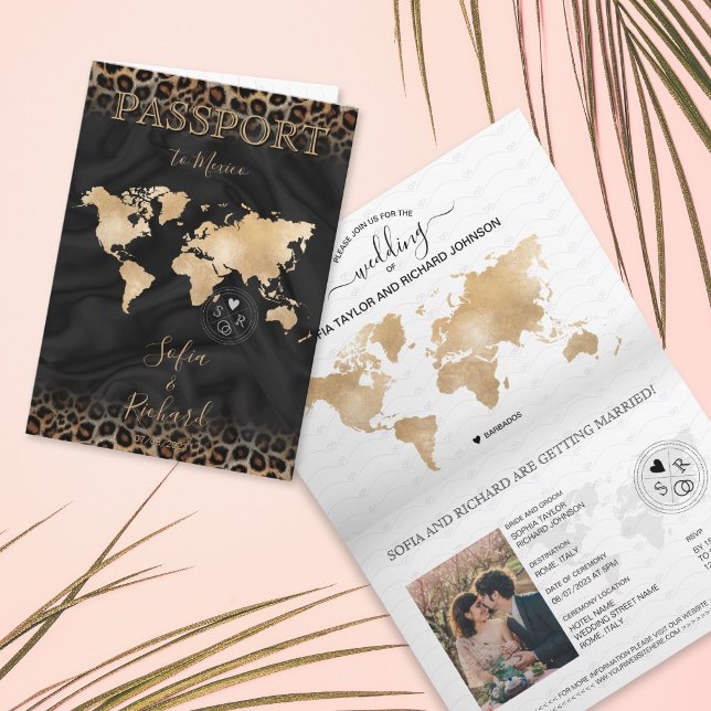 Convite Passaporte de Destino de Casamento Mapa Mundial An (Wedding Destination Passport World Map Animal Invitation)