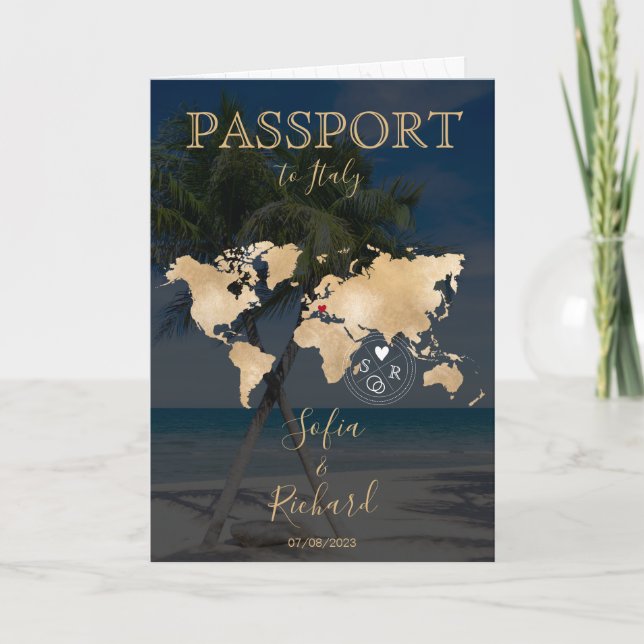 Convite Passaporte de Destino de Casamento World Map Palm  (Frente)