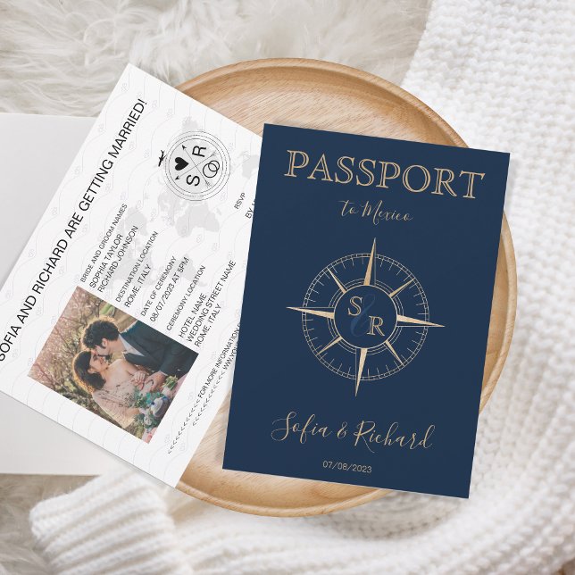 Convite Passaporte de Destino Monograma Dourado Compass (passport gold compass monogram
)