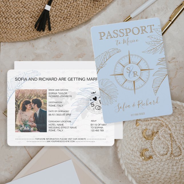 Convite Passaporte de Destino Palm Compass Monograma (dusty blue passport with golden compass and palm leaves )