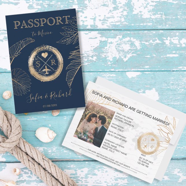 Convite Passaporte de Destino Palm Plane Monograma (passport navy blue with gold stamp and palm leaves)