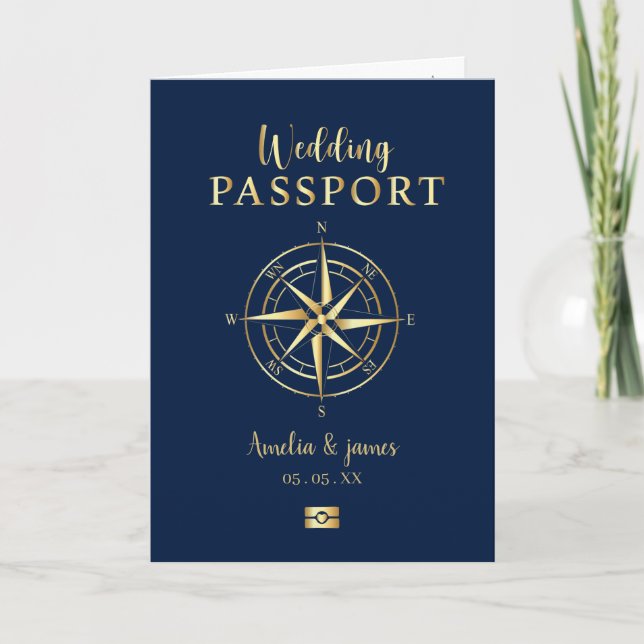 Convite Passaporte Destino Compass Casamento Ouro Faux (Frente)