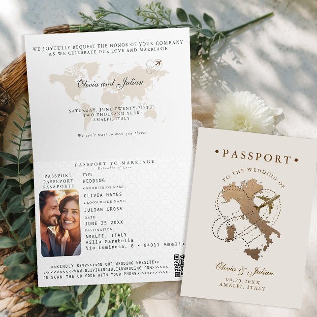 Convite Passaporte Faux Dourado Beige Itália Casamento de  (passport wedding invitation card destination getaway beige ecru faux gold map italy amalfi monograms)