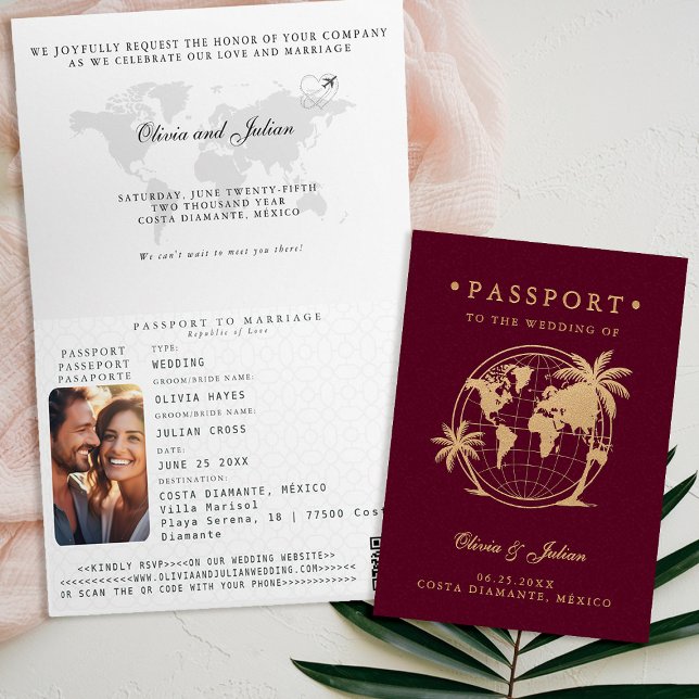 Convite Passaporte Mapa Palma Casamento de Destino Tropica (passport wedding invitation card destination getaway tropical beach palm burgundy faux gold monogram)