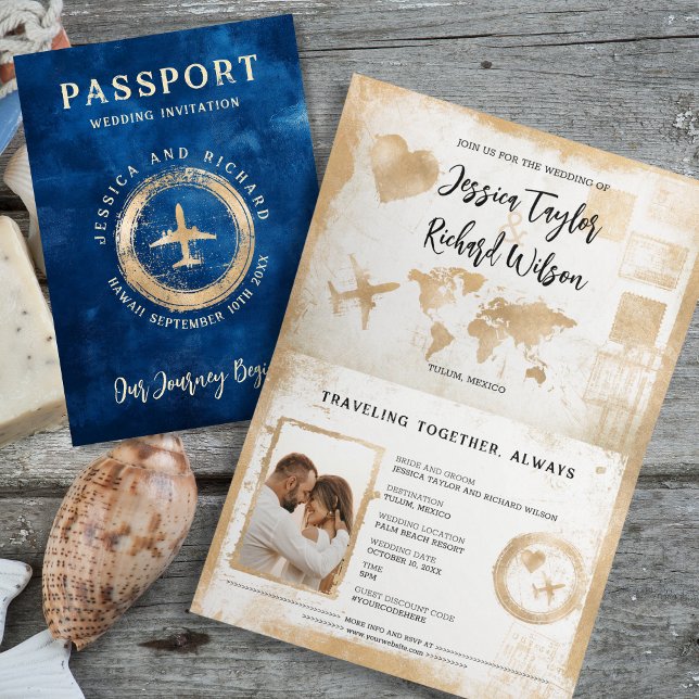 Convite Passaporte Marinho Azul Vintage (vintage passport with gold plane and stamp on navy background)