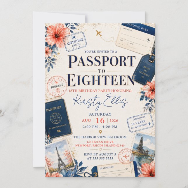 Convite Passaporte para a Festa de Aniversário de Dezoito  (Frente)