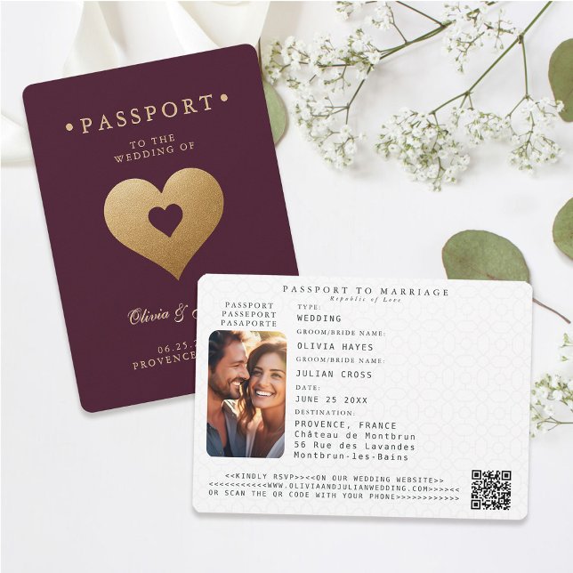 Convite Passaporte Red Faux Dourado Hearts Casamento de De (passport wedding invitation card destination getaway burgundy red faux gold hearts modern classy)