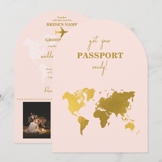 Convite Passaporte Rosa Bege Dourado para Casamento dos So (Frente/Verso)