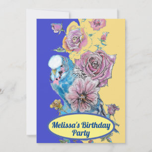 Convite Pássaro Azul Budgie Aniversário Meninas Flores de
