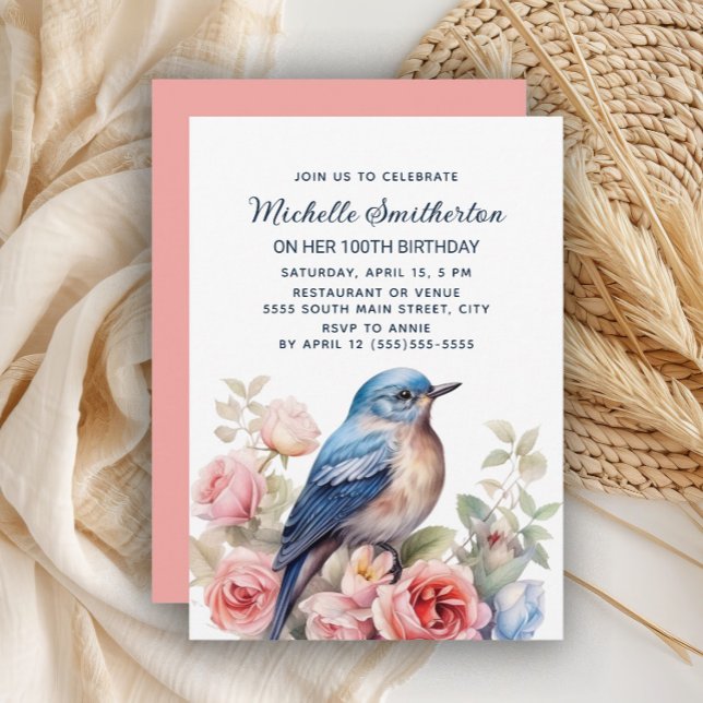 Convite Pássaro Azul Flores Rosa 100º Aniversário (Blue bird and pink floral 100th birthday party invitation)