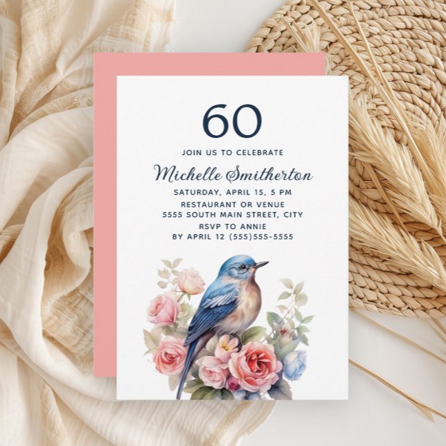 Convite Pássaro Azul Flores Rosa 60º Aniversário (Blue bird and pink floral 60th birthday party invitation)