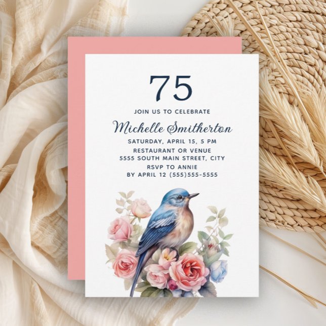Convite Pássaro Azul Flores Rosa 75º Aniversário (Blue bird and pink floral 75th birthday invitation)