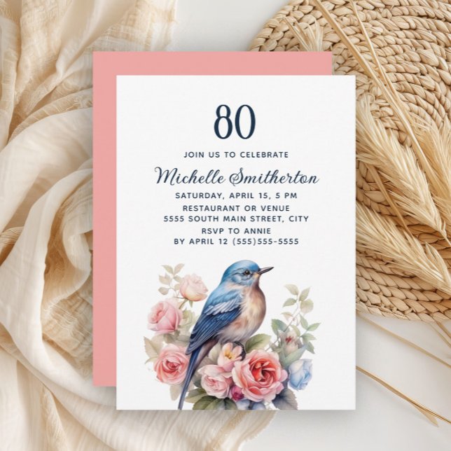 Convite Pássaro Azul Flores Rosa 80º Aniversário (Blue bird and pink floral 80th birthday invitation)