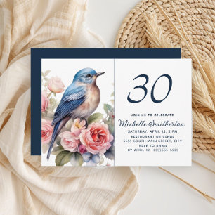 Convite Pássaro Azul Flores Rosa Aniversário de 30 anos