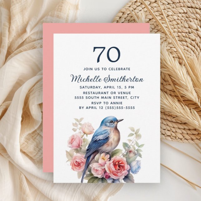 Convite Pássaro Azul Flores Rosa Aniversário de 70 anos (Blue bird and pink floral 70th birthday invitation)