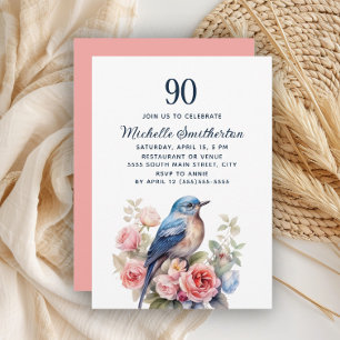 Convite Pássaro Azul Flores Rosa Aniversário de 90 anos