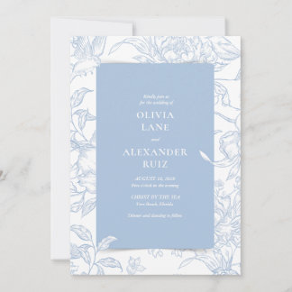 Convite Pássaro Botânico Francês Azul Floral Casamento