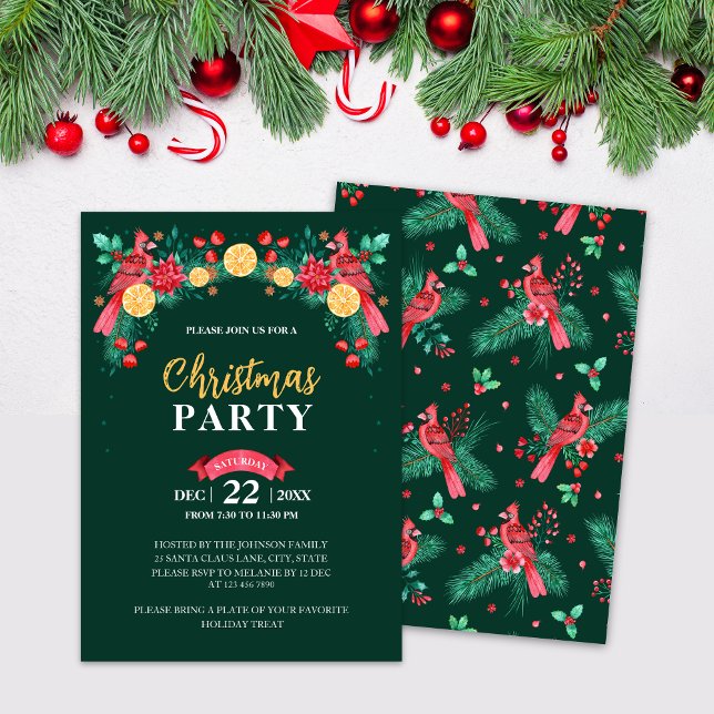 Convite Pássaro Cardinho Vermelho e Verde (Watercolor Red Cardinal Birds Christmas Party Invitation)