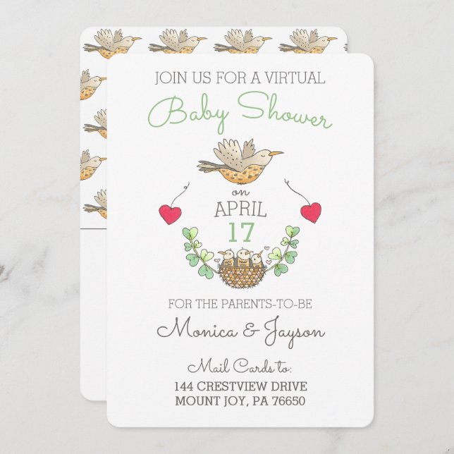 Convite Pássaro da mamãe mais doce do Chá de fraldas virtu (Frente/Verso)