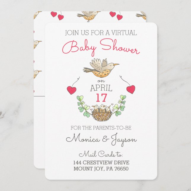Convite Pássaro da mamãe mais doce do Chá de fraldas virtu (Frente/Verso)