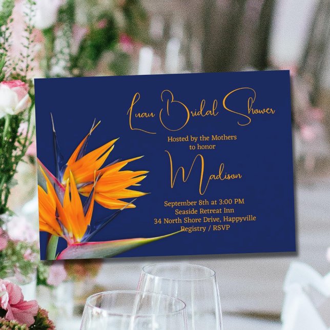 Convite Pássaro Laranja Chá de panela Luau do Paraíso Desi (Criador carregado)