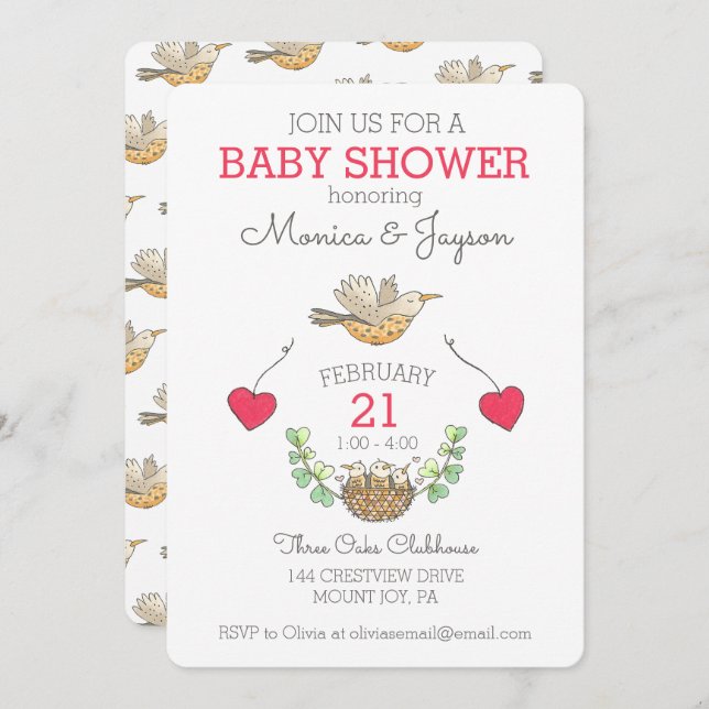 Convite Pássaro Mama Mais Doce Voando Sobre Chá de fraldas (Frente/Verso)