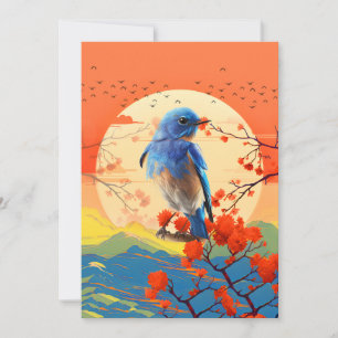 Convite Pássaro Natural Japonês Moderno Em Cenário De Flor