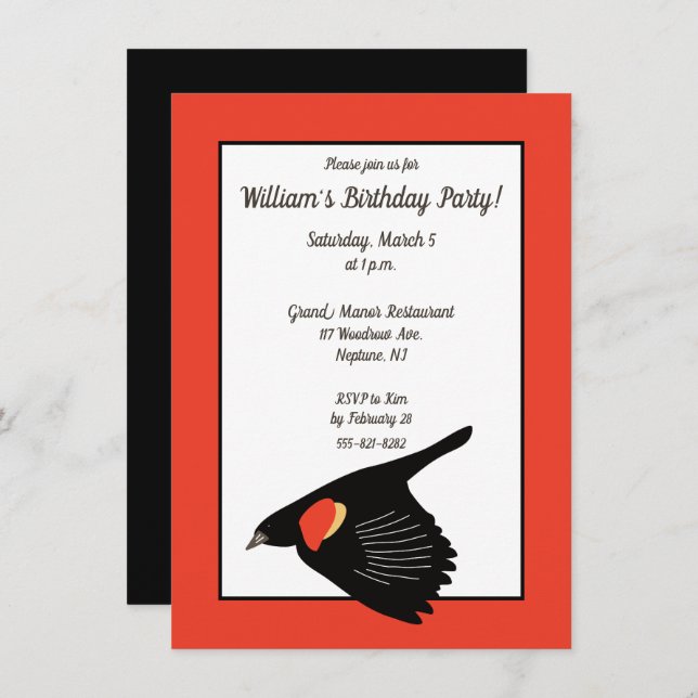 Convite Pássaro Negro de asa vermelha na Festa de aniversá (Frente/Verso)