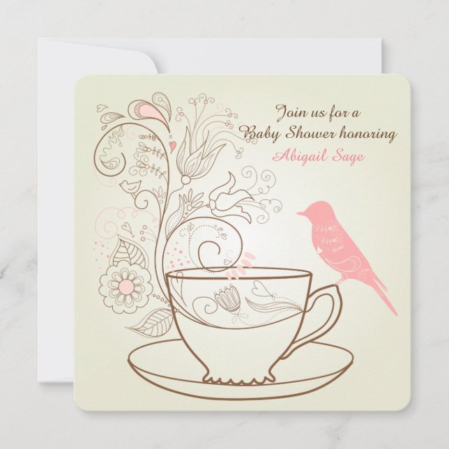Convite Pássaro, Teacup, Chá de fraldas de Flores Convidam (Frente)
