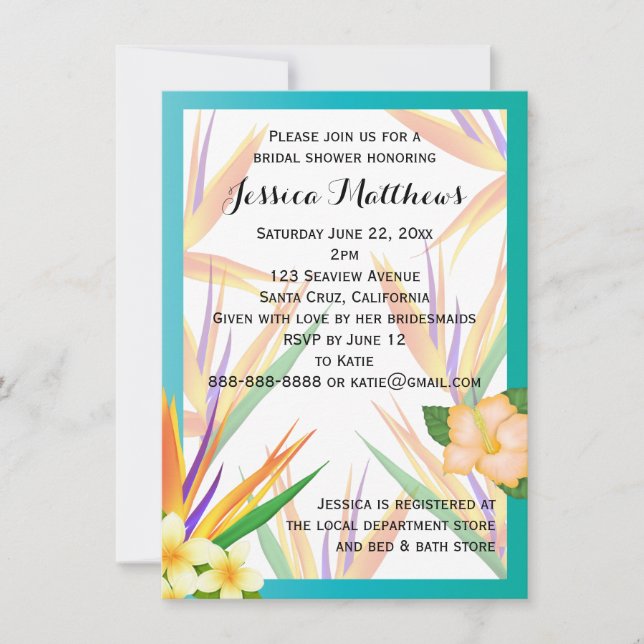 Convite Pássaro Teal do Casamento do Chá de panela do Para (Frente)