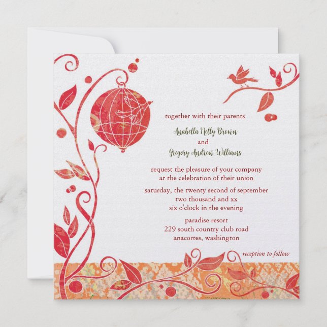 Convite Pássaro Tema Refinado Boho Casamento (Frente)