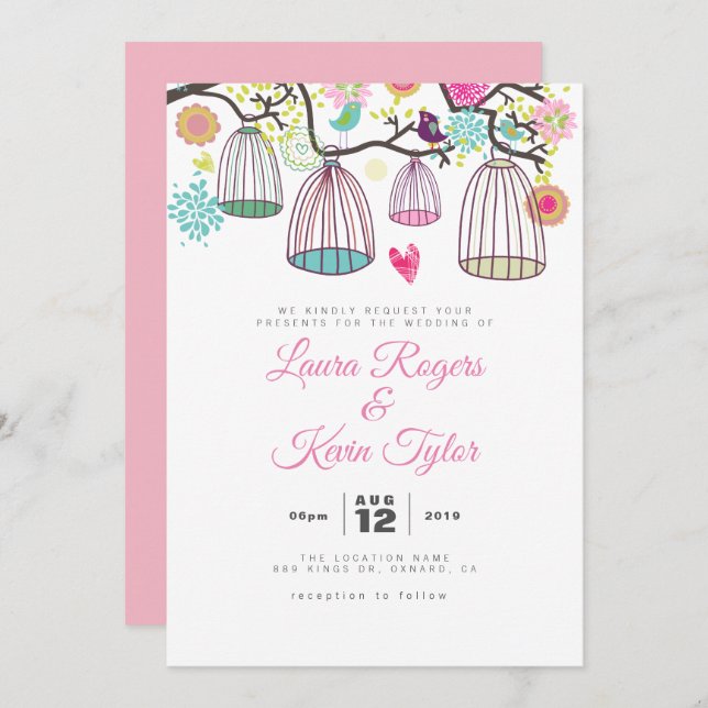 Convite Pássaros Adoráveis Gaiolas E Flores De Retro (Frente/Verso)