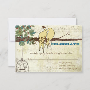 Convite Pássaros Amarelos Sentados em uma RSVP de Casament