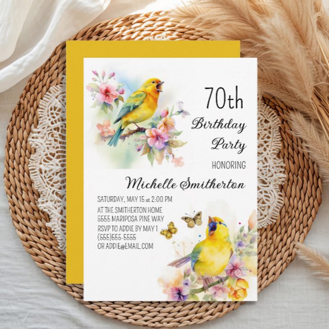 Convite Pássaros Antigos Canários Flores 70º Aniversário (Yellow canary women's 70th birthday party invitation)